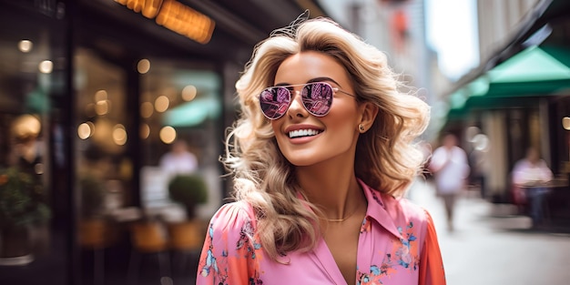 Jeune femme élégante avec des lunettes de soleil profitant d'une promenade dans la mode décontractée et le style de vie urbain regardant la caméra avec un sourire joyeux AI