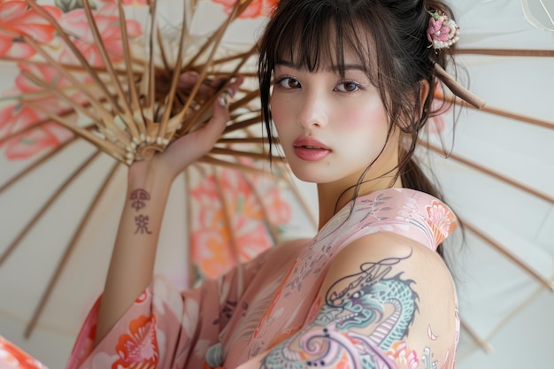 Une jeune femme élégante avec un parapluie traditionnel portant un kimono avec un beau tatouage