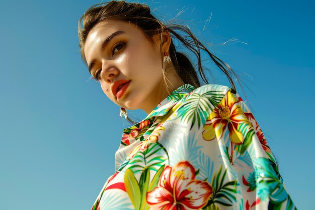 Une jeune femme élégante posant dans une chemise florale sous un ciel bleu, des vêtements d'été à la mode.