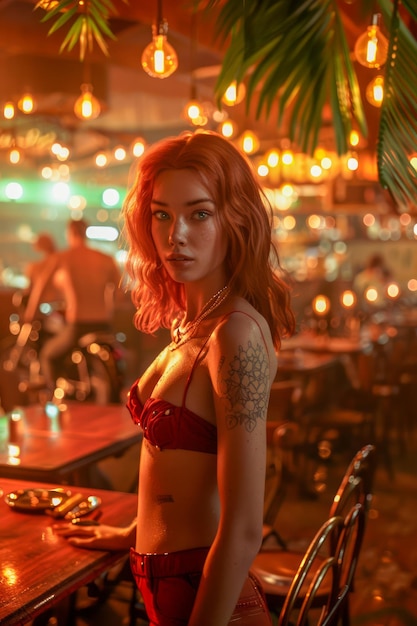 Une jeune femme élégante posant dans un milieu de bar vibrant avec un éclairage ambiant chaud et tropical