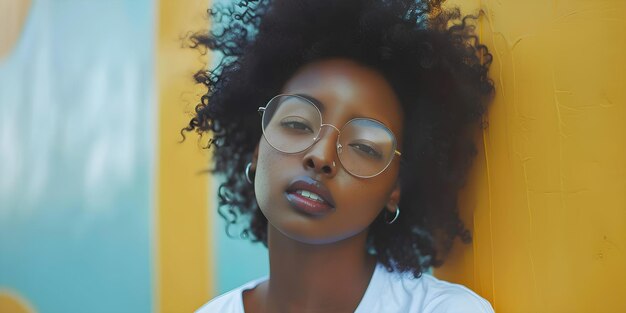 Une jeune femme élégante présentant des lunettes et un tee blanc lors d'une séance photo de mode Concept Fashion Shoot Eyewear Portrait d'une femme élégante en tee blanc