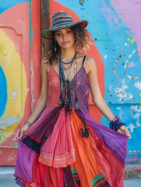 Une jeune femme élégante en robe et chapeau bohémien vibrant posant devant un mur de graffitis colorés