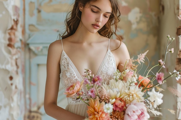 Une jeune femme élégante en robe délicate tenant un bouquet de fleurs de printemps dans un décor vintage
