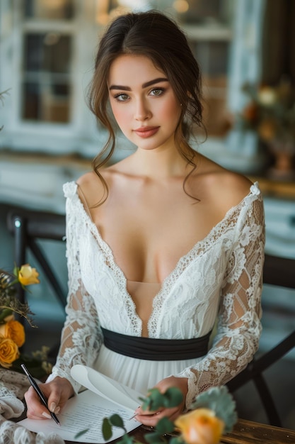 Une jeune femme élégante en robe de dentelle posant dans une chambre vintage avec des décorations florales