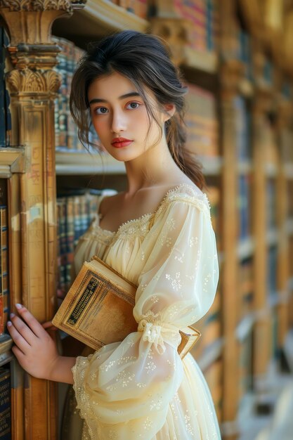 Photo une jeune femme élégante en robe vintage tenant un livre dans un cadre de bibliothèque antique