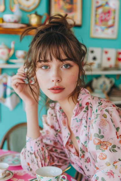 Une jeune femme élégante savourant une tasse de thé dans un café rétro coloré avec un décor vintage