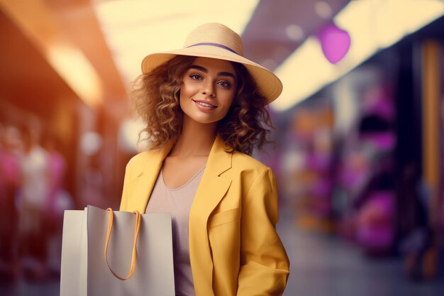 Une jeune femme élégante en tenue jaune clair avec un sac d'achat à l'extérieur concept de shopping de printemps