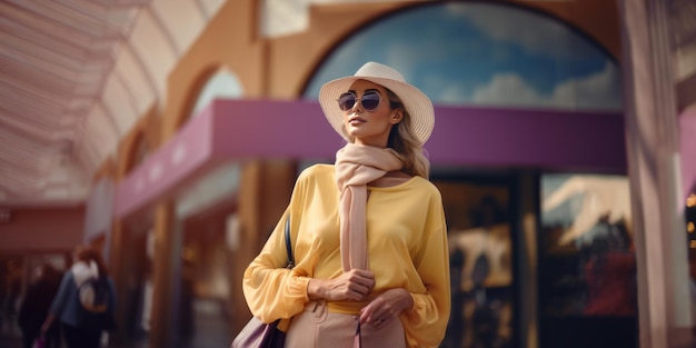 Une jeune femme élégante en tenue jaune clair avec un sac d'achat à l'extérieur concept de shopping de printemps