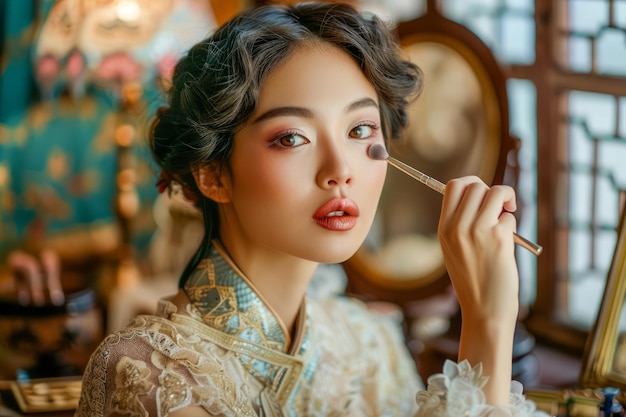 Une jeune femme élégante en tenue vintage s'applique du maquillage dans une pièce de décoration antique avec de la lumière naturelle