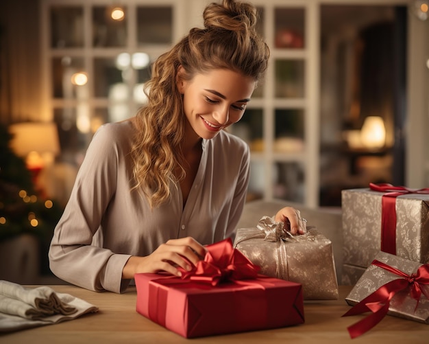 Une jeune femme emballant des cadeaux de Noël