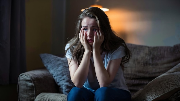 Une jeune femme émotionnelle était déprimée sur le canapé.