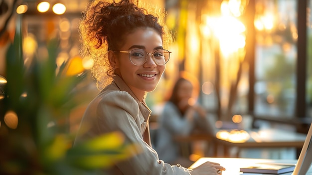 Jeune femme employée de bureau dans un café avec son ordinateur portable souriant à huis clos avec Sunshine Generative AI