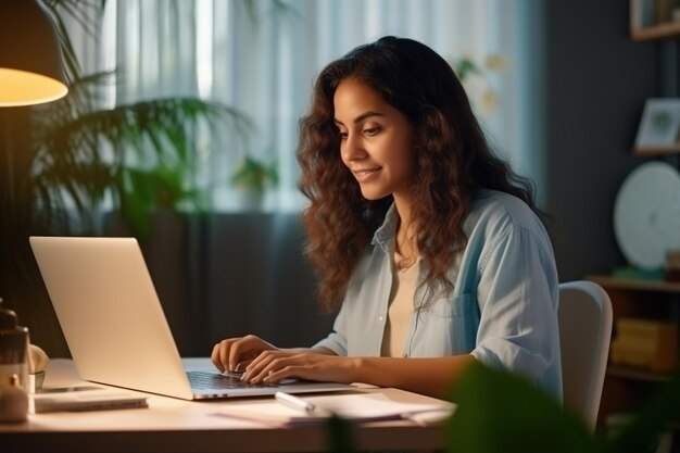 Jeune femme employée latine utilisant un ordinateur portable à distance travaillant au bureau à domicile regardant l'ordinateur parlant ayant une réunion virtuelle hybride apprenant l'anglais communiquant par appel vidéo webinar d'apprentissage électronique