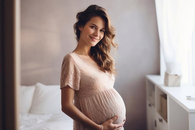 Jeune femme enceinte heureuse dans l'espace de la chambre à coucher pour le texte