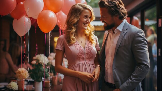 Une jeune femme enceinte et un homme posent avec des ballons colorés Fête de révélation de genre IA générative