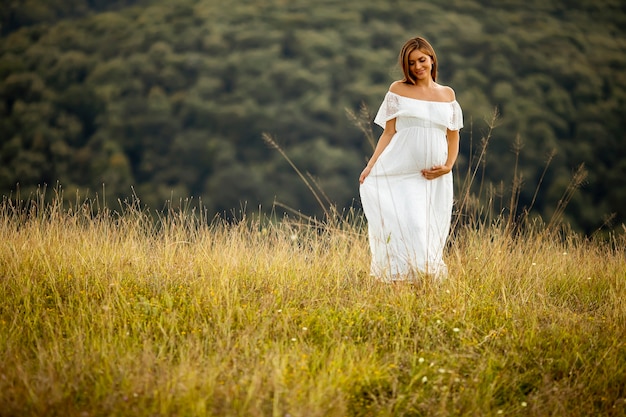 Jeune Femme Enceinte En Robe Blanche Au Champ D'été