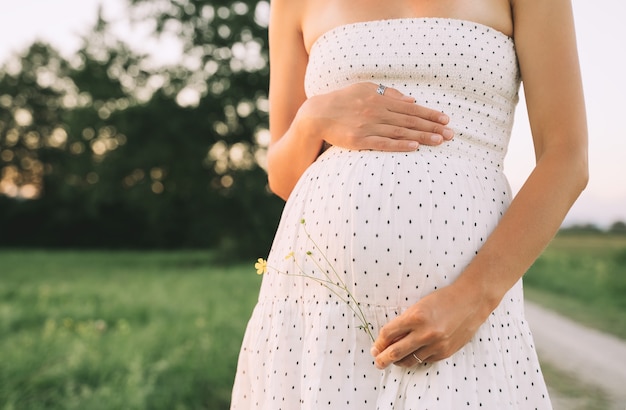 La jeune femme enceinte tient des mains sur le ventre sur le fond de nature