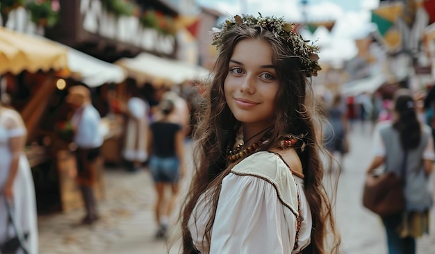 Une jeune femme enchanteuse à un festival médiéval avec une couronne de fleurs