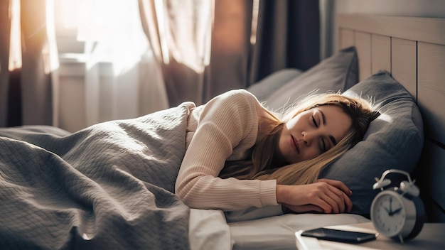 Une jeune femme endormie et un réveil dans la chambre à coucher à la maison