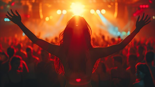 Une jeune femme énergique danse avec enthousiasme dans un concert de musique bondé Concept Concerts Musique Danse Énergique Jeune femme Foule