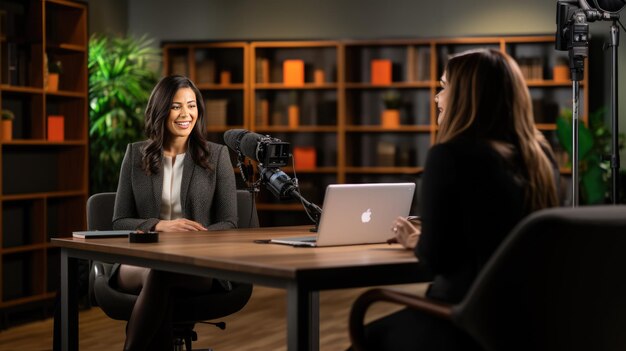 Une jeune femme enregistre un podcast dans son bureau à la maison.