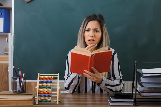 jeune femme enseignante assise au bureau de l'école devant le tableau noir dans un livre de lecture en classe se préparant pour la leçon à la confusion et à l'inquiétude