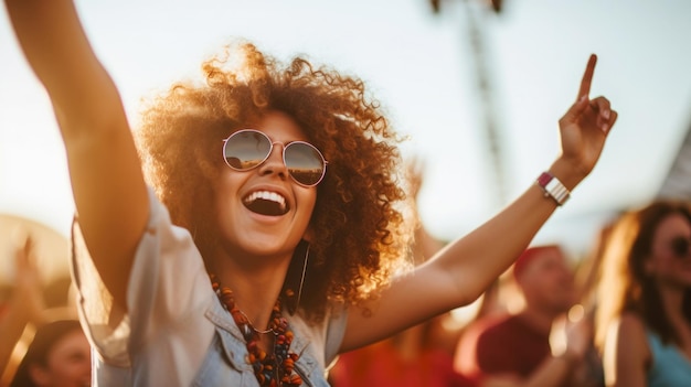 Jeune femme enthousiaste acclamant la foule au festival de musique d'été