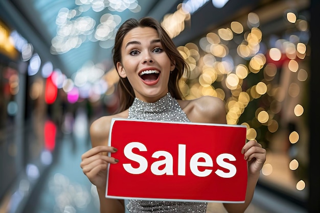 Photo une jeune femme enthousiaste avec un panneau annonçant la vente d'articles dans les magasins.