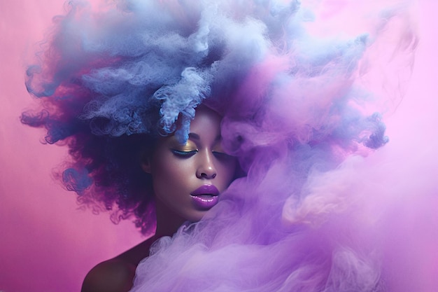 Jeune femme entourée d'un nuage de fumée coloré