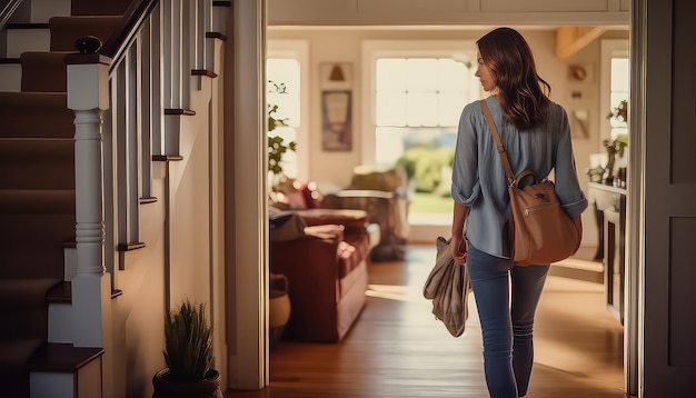 Une jeune femme entre dans son appartement