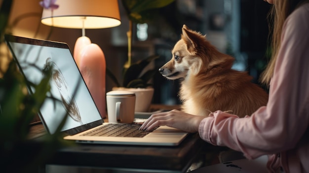 Une jeune femme entrepreneur travaille depuis un bureau à domicile, assise devant son ordinateur portable avec son chien à ses côtés. Créée avec la technologie d'IA générative