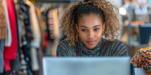 Jeune femme entrepreneure concentrée travaillant sur un ordinateur portable dans une boutique