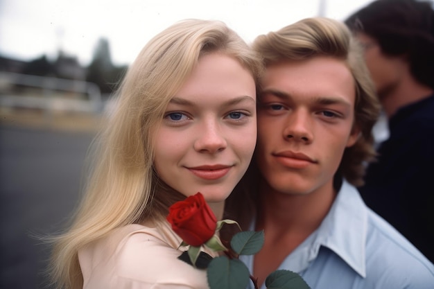 Une jeune femme sur l'épaule de son petit ami alors qu'il tient une rose créée avec une IA générative