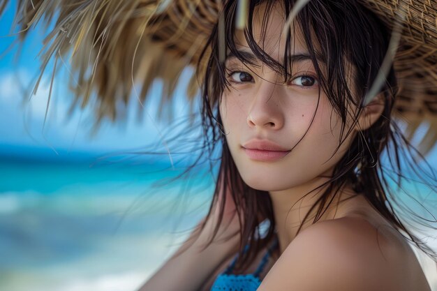 Une jeune femme époustouflante apprécie des vacances à la plage tropicale sous le soleil des palmiers à l'abri de l'océan