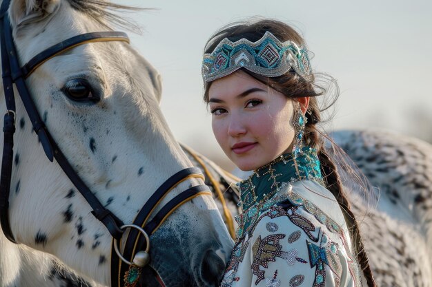 Une jeune femme époustouflante en tenue traditionnelle pose gracieusement à côté d'un cheval lors de la fête de Nowruz