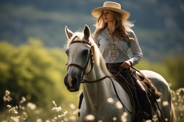 jeune femme, équitation, a, cheval