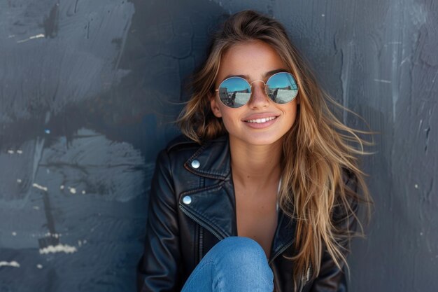 Une jeune femme est assise contre un mur en portant des lunettes de soleil élégantes et émettant une expression sereine