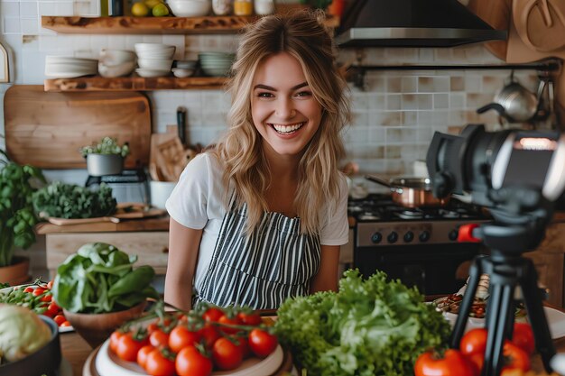 Une jeune femme est assise à côté d'une table pleine de nourriture en souriant