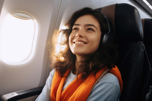 Une jeune femme est assise dans un avion près du hublot et écoute de la musique avec des écouteurs