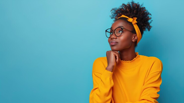 La jeune femme est assise avec une expression réfléchie reposant son menton sur sa main