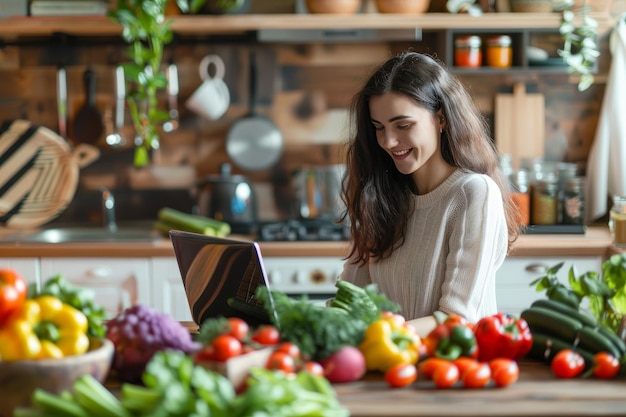 Une jeune femme est assise avec un ordinateur portable à une table dans la cuisine entourée de verts et de légumes.