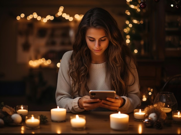 Une jeune femme est assise à la table de Noël et regarde son téléphone