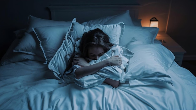 Une jeune femme est déprimée sur un lit blanc.