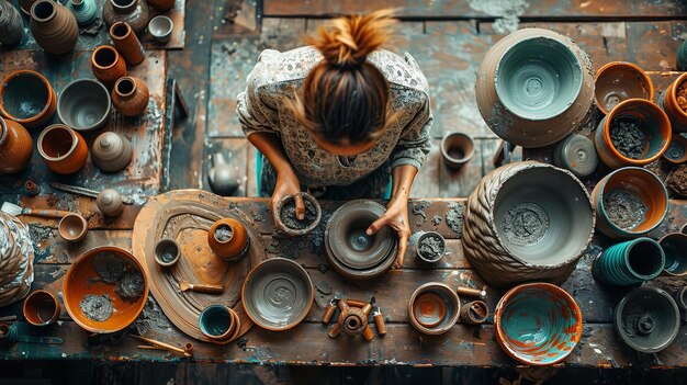 Une jeune femme est vue travaillant avec de l'argile sur une table en bois pour fabriquer un bol sur un fond brumeux avec une vue supérieure et l'espace IA générative