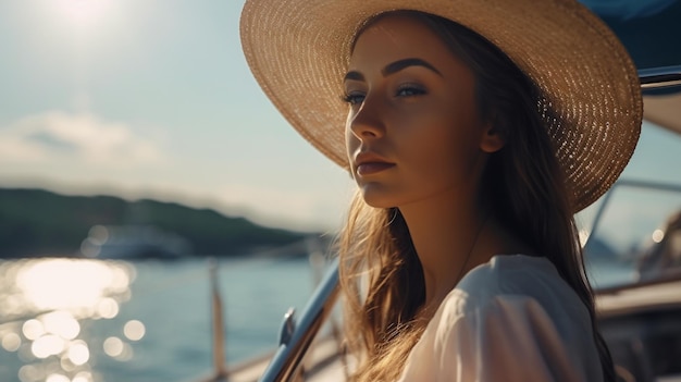 Une jeune femme est sur un yacht pour des vacances d'été IA générative opulente croisières en bateau et voile