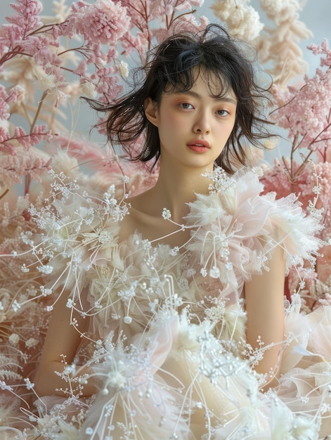 Jeune femme éthérée dans une délicate robe florale au milieu de fleurs pastel portrait doux rêveur avec