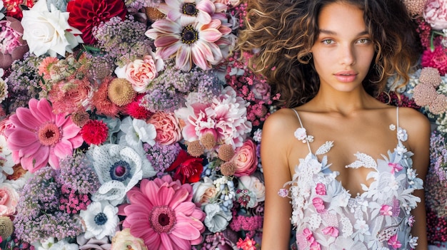 Jeune femme éthérée avec un fond floral Portrait rêveur entouré de fleurs colorées Parfait