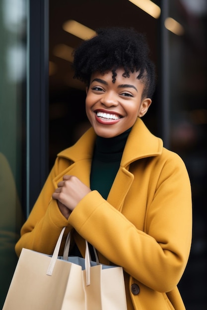 Une jeune femme ethnique tenant un sac à provisions et souriante créée avec une IA générative