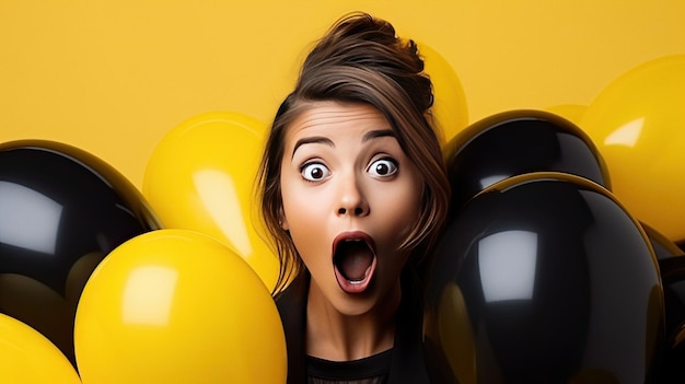 Photo une jeune femme étonnée avec un groupe de ballons d'air noirs isolés sur un fond jaune