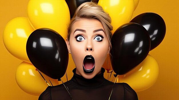 Photo une jeune femme étonnée avec un groupe de ballons d'air noirs isolés sur un fond jaune